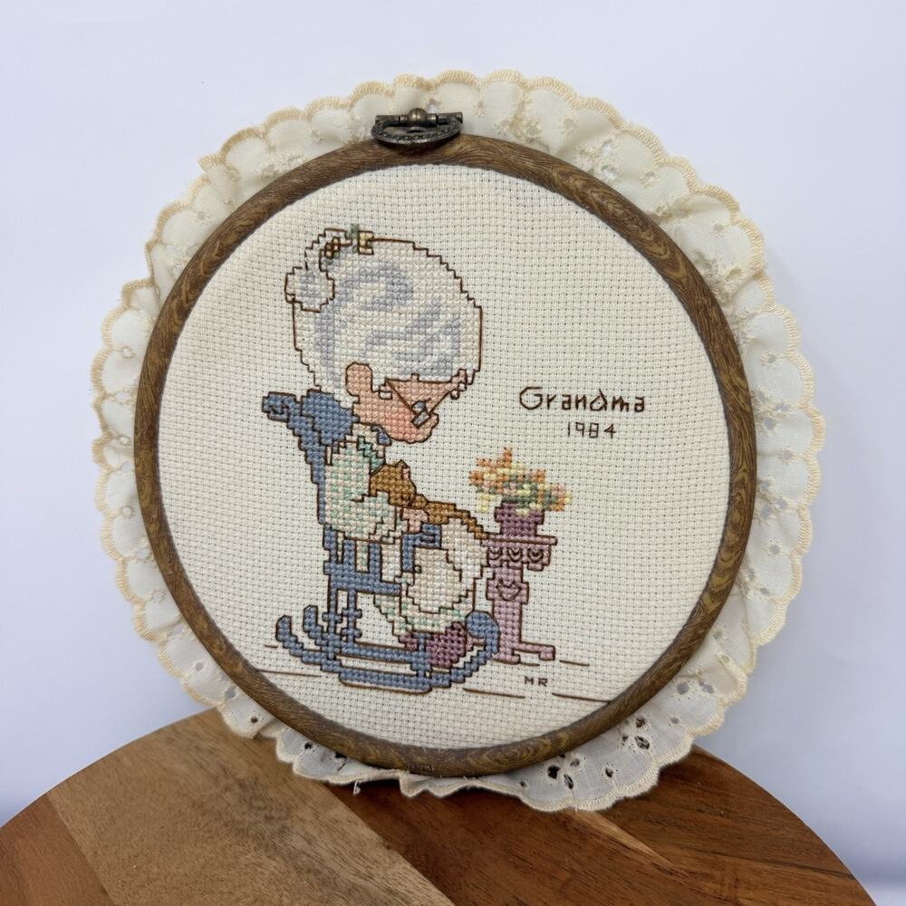 GRANDMA PRECIOUS MOMENTS completed cross stitch In Hoop with lace trim